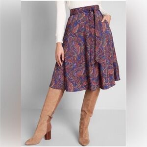 ModCloth Navy Paisley Sash-Tie A-Line Skirt Pockets Size M.